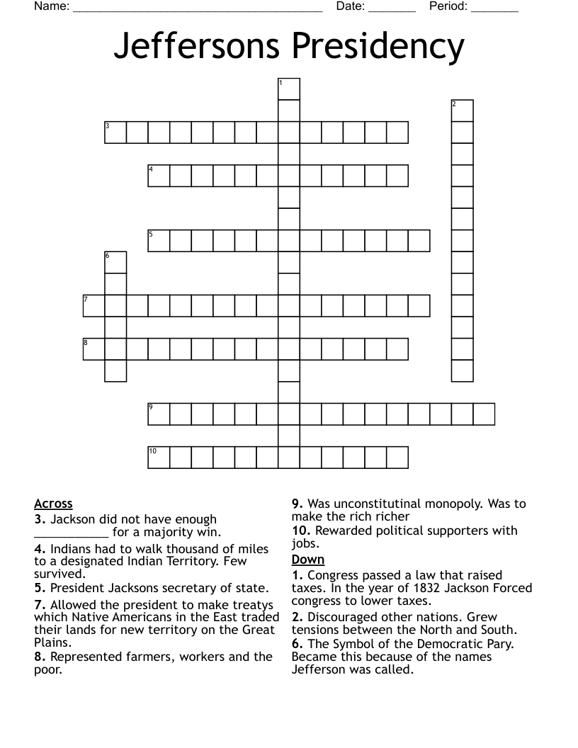 Jeffersons Presidency  Crossword