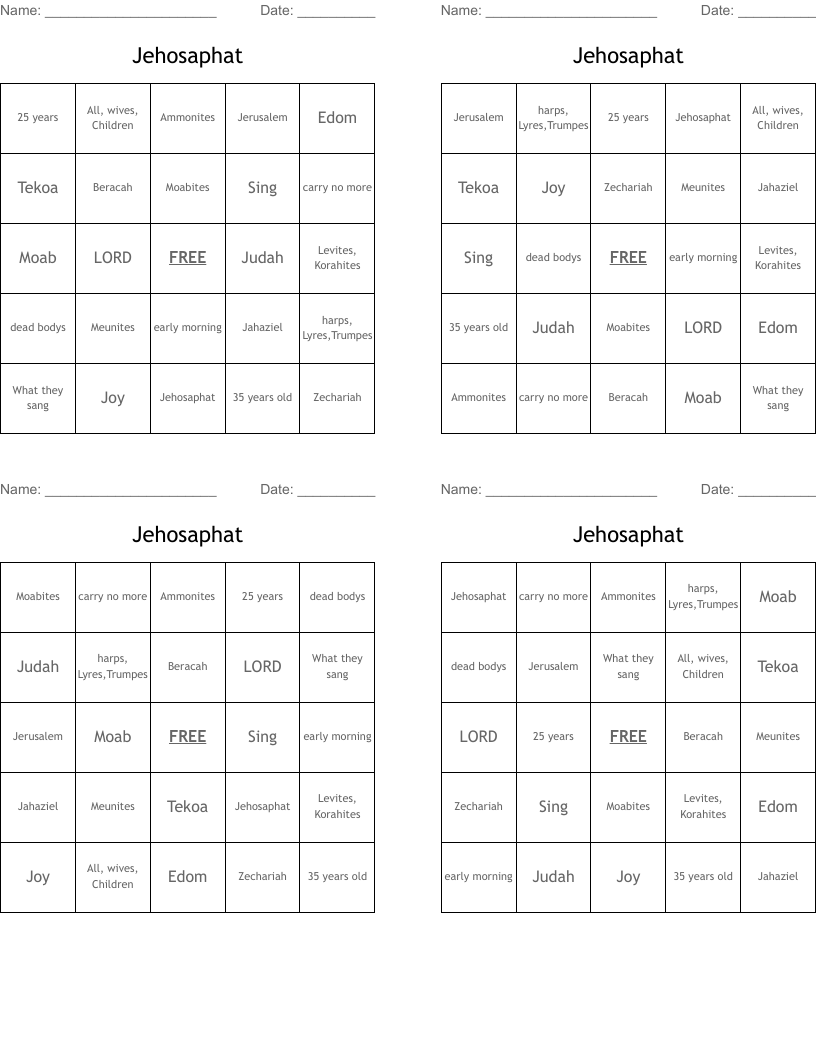 Jehosaphat Bingo Cards