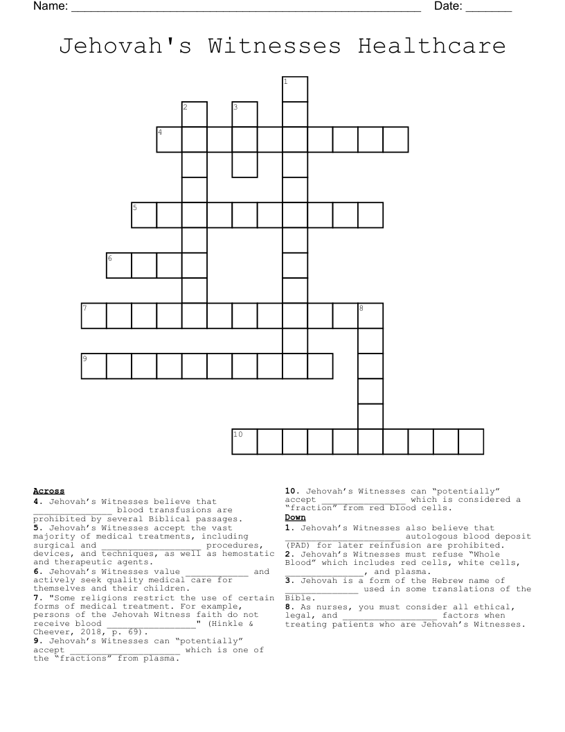 Jehovah's Witnesses Healthcare Crossword