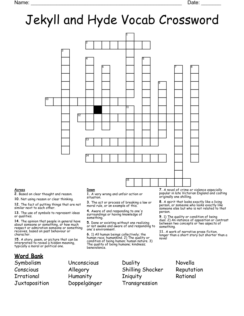 Jekyll and Hyde Vocab Crossword