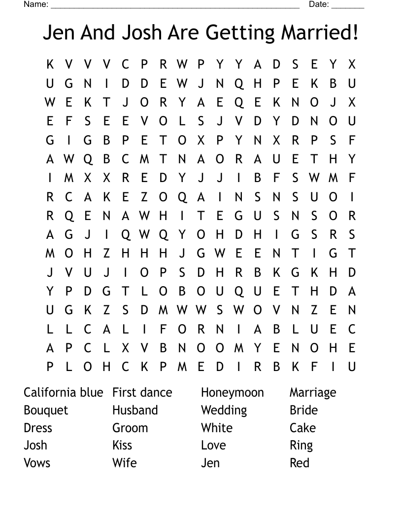 Jen And Josh Are Getting Married! Word Search