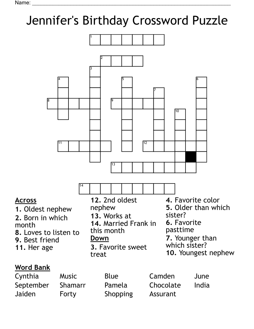 Jennifer's Birthday Crossword Puzzle