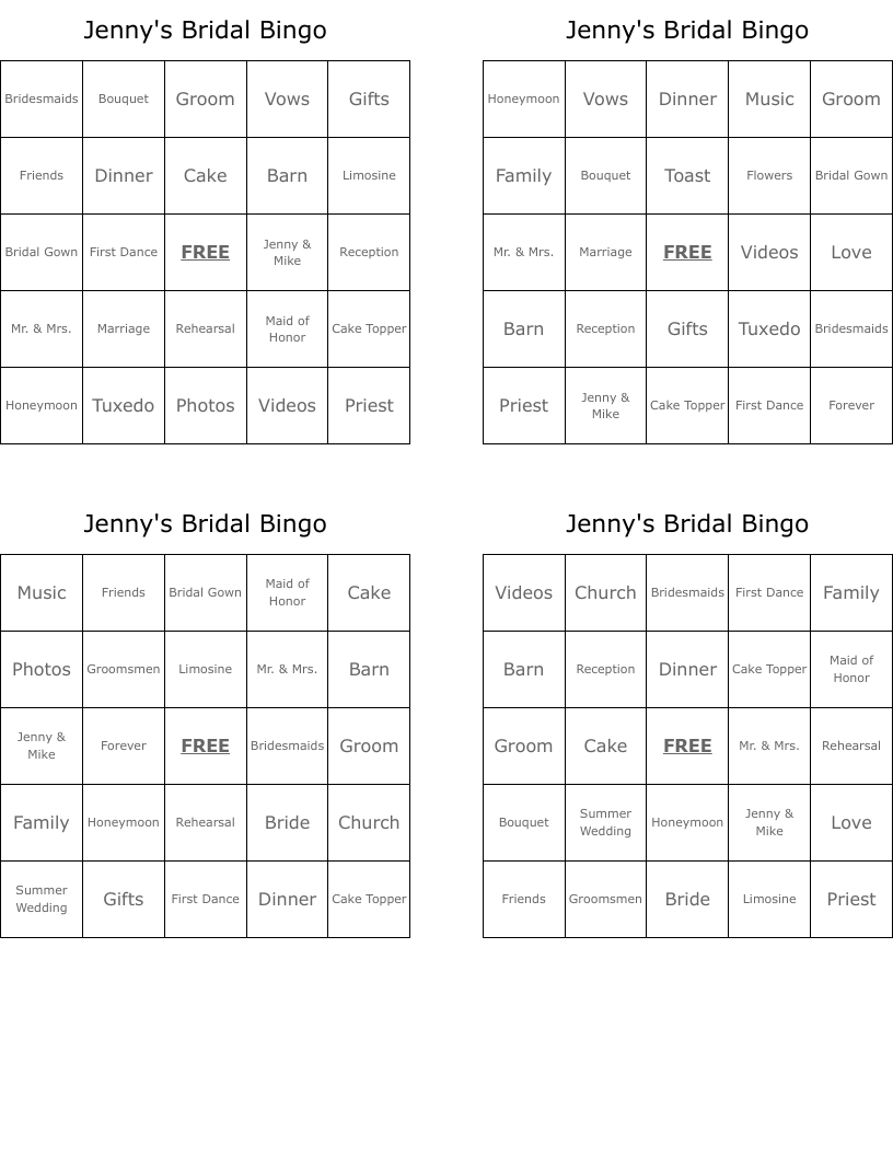 Jenny's Bridal Bingo