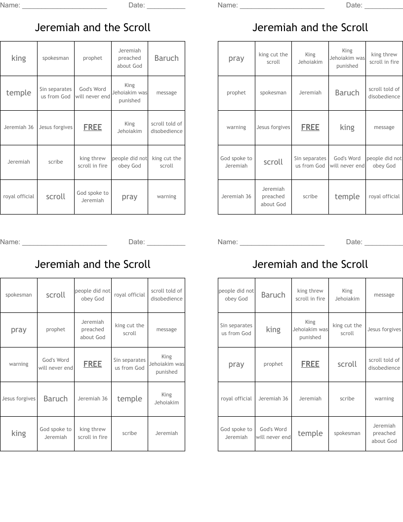 Jeremiah and the Scroll Bingo Cards