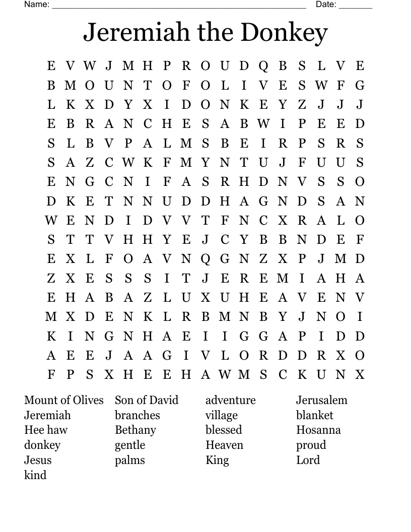 Jeremiah the Donkey Word Search