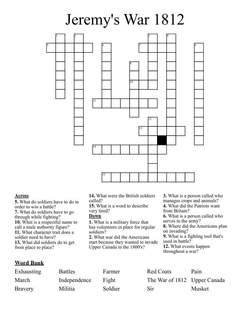 Jeremy's War 1812 Crossword
