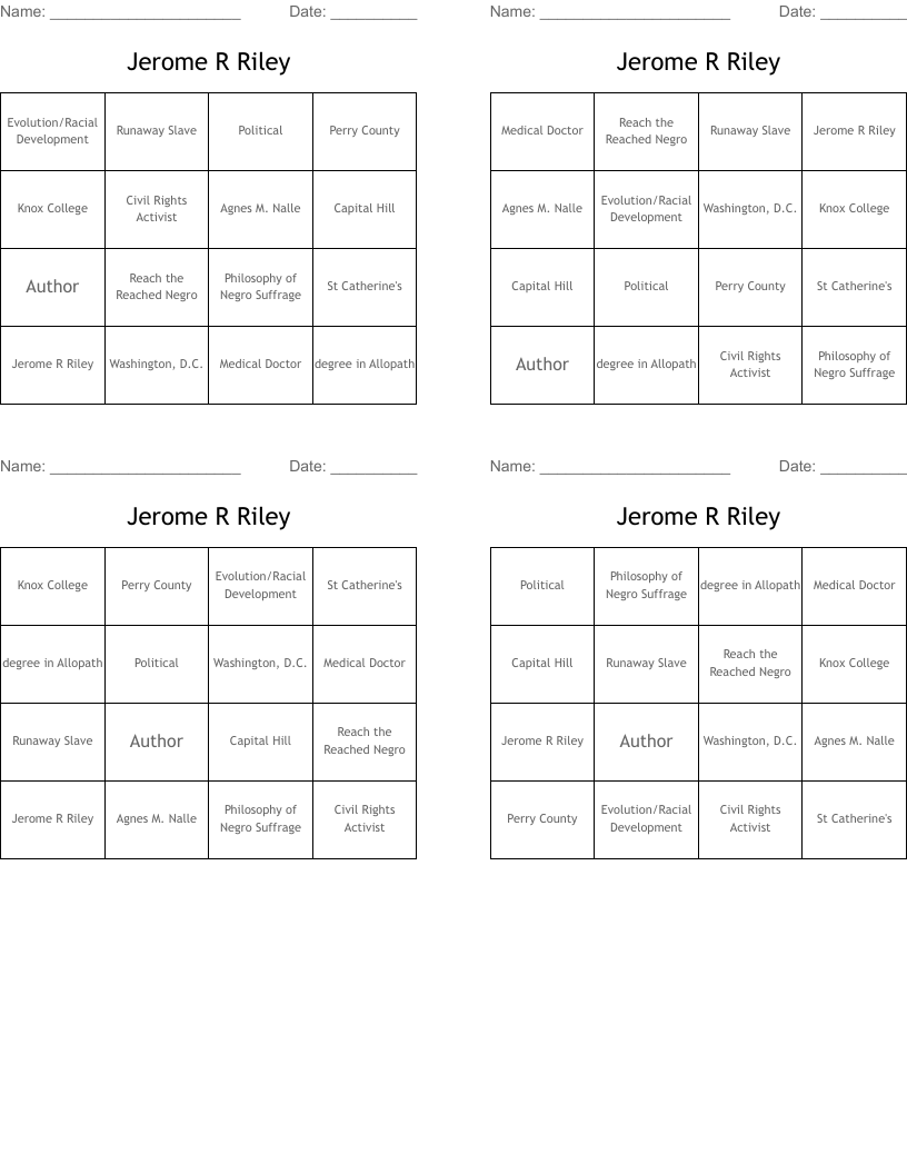 Jerome R Riley Bingo Cards
