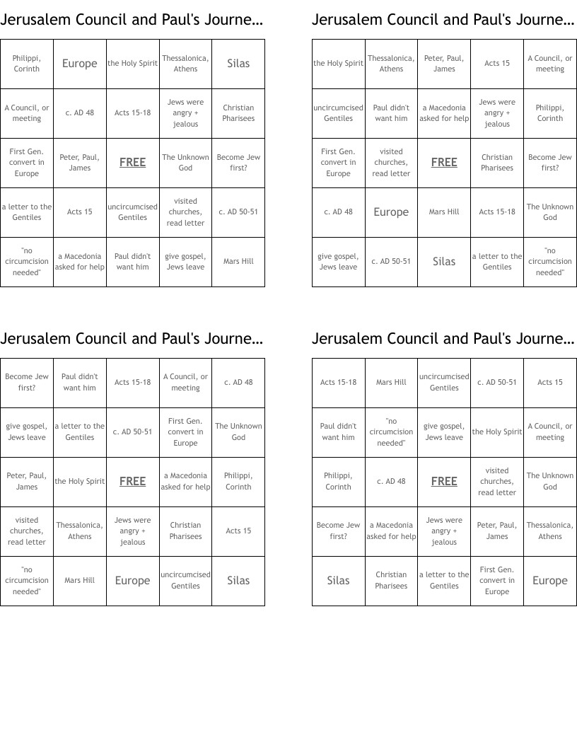 Jerusalem Council and Paul's Journey 2 Bingo Cards