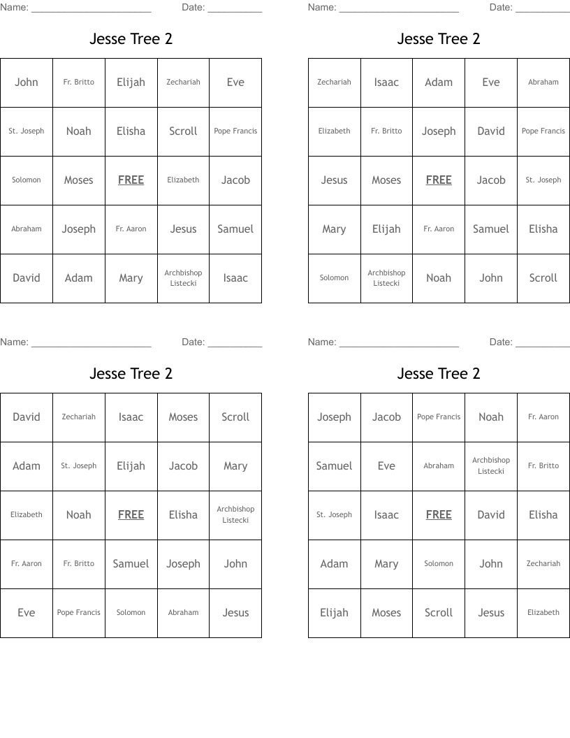Jesse Tree 2 Bingo Cards