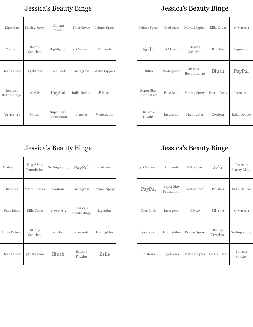 Jessica's Beauty Binge Bingo Cards