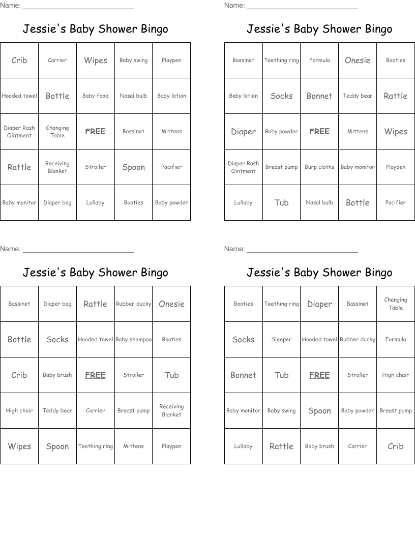 Jessie's Baby Shower Bingo