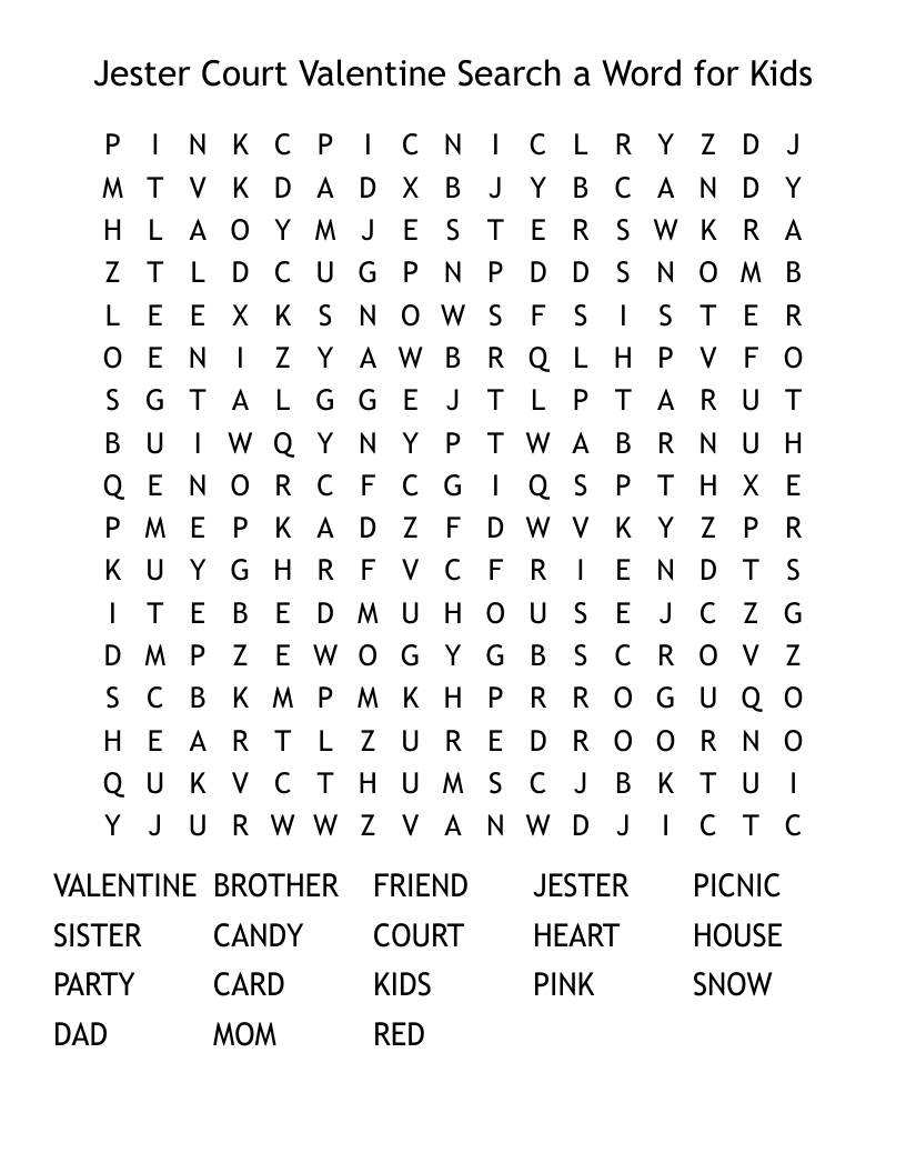 Jester Court Valentine Search a Word for Kids Word Search