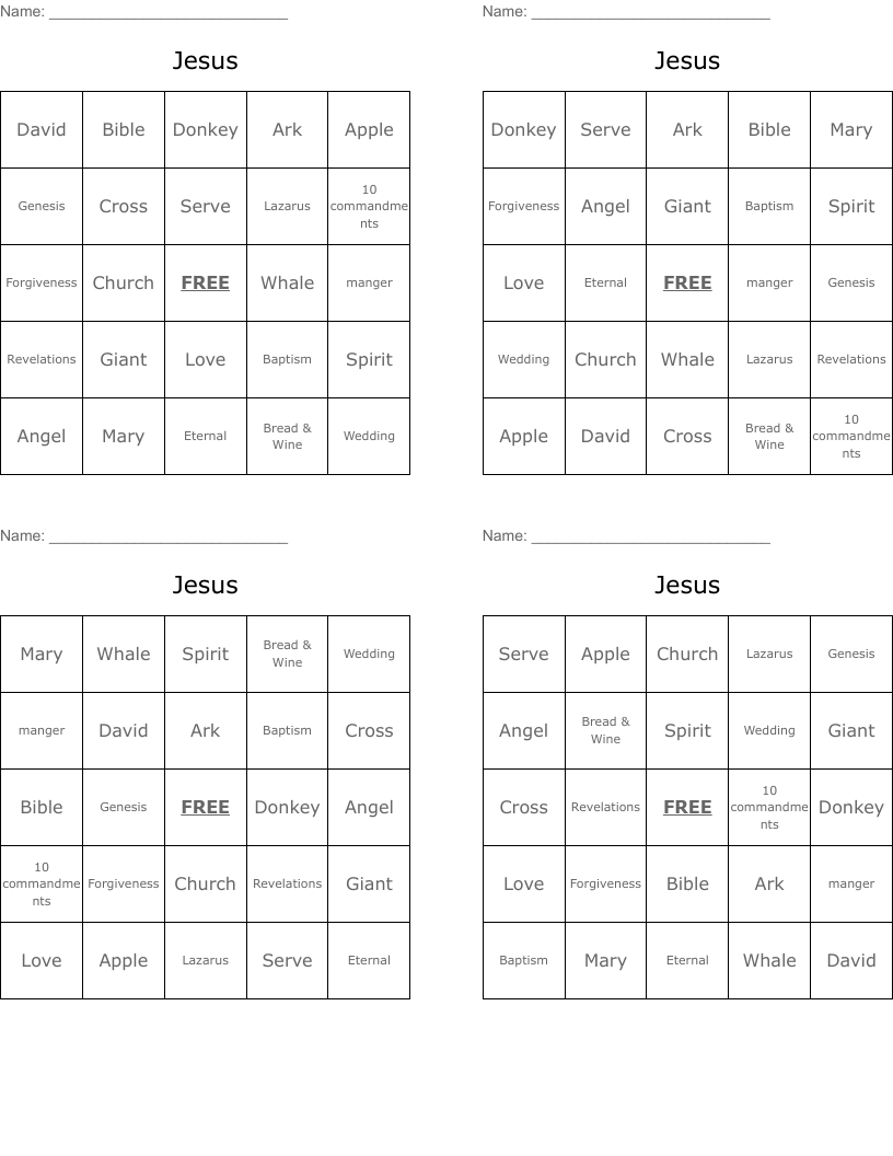 Jesus Bingo Cards