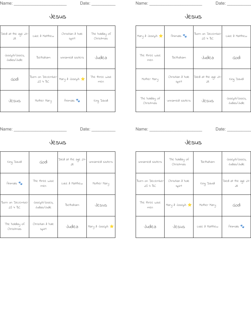 Jesus Bingo Cards