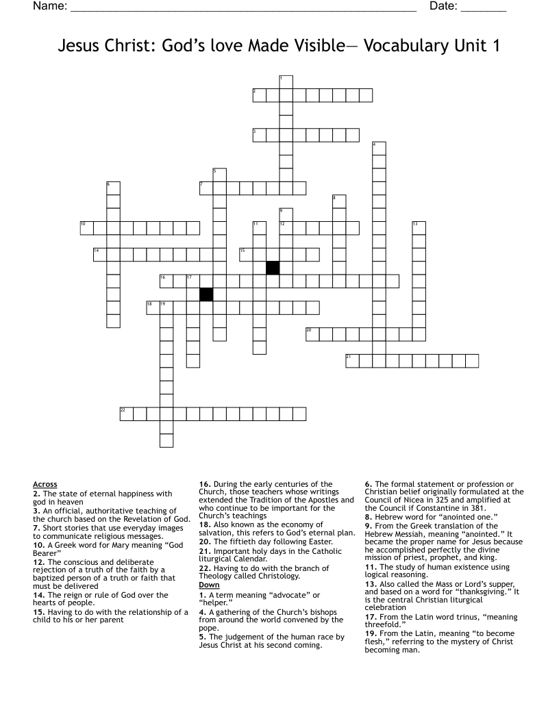 Jesus Christ: God’s love Made Visible— Vocabulary Unit 1 Crossword