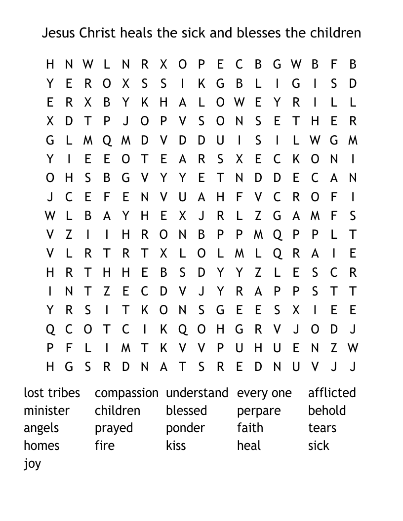 Jesus Christ heals the sick and blesses the children Word Search