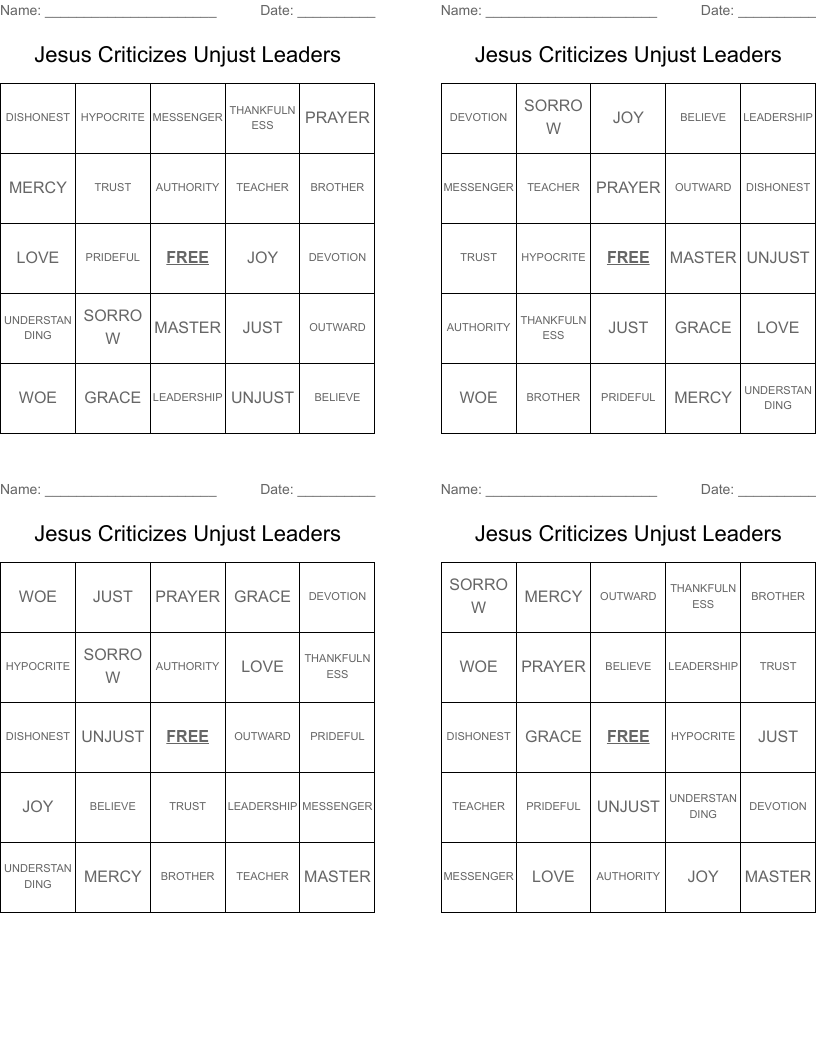Jesus Criticizes Unjust Leaders Bingo Cards