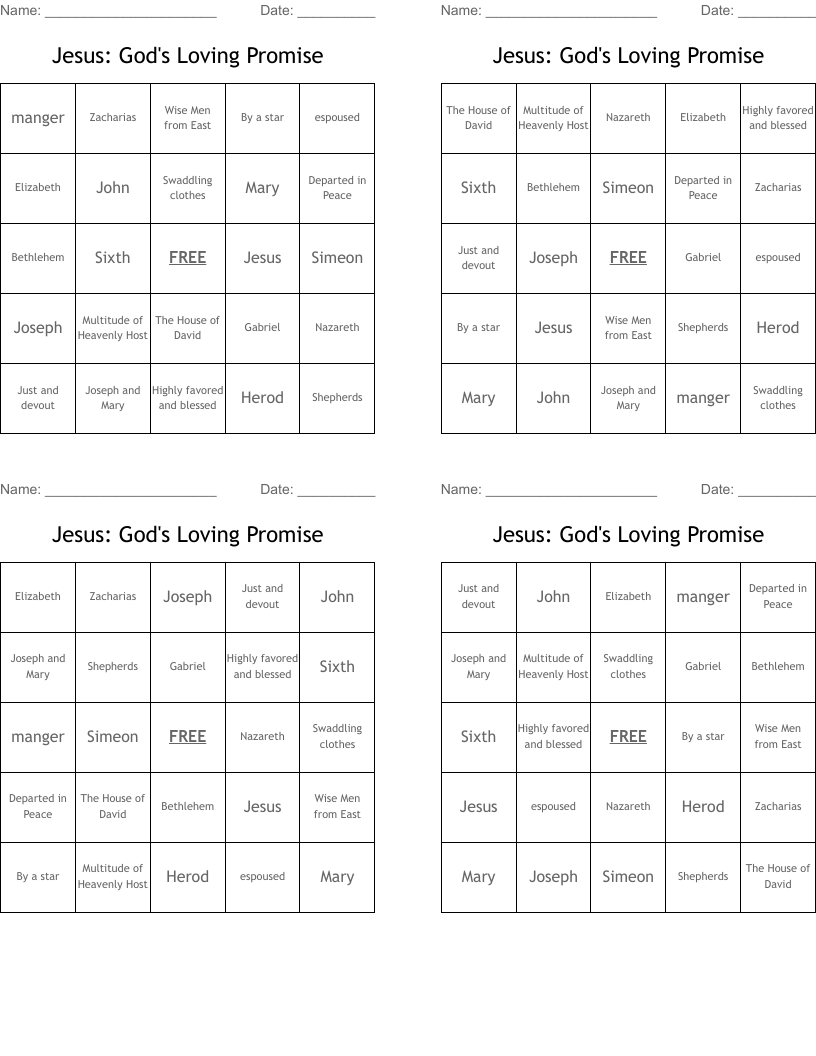 Jesus: God's Loving Promise Bingo Cards