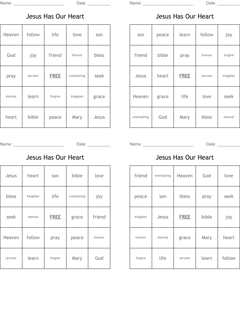 Jesus Has Our Heart Bingo Cards