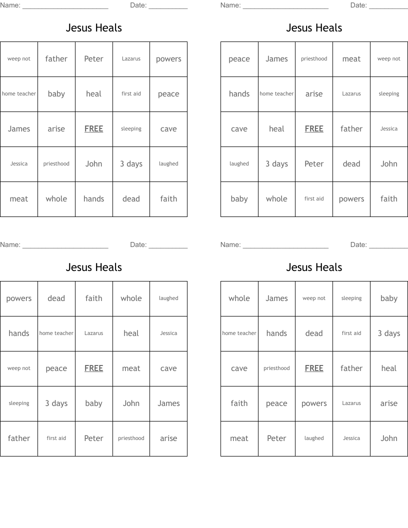 Jesus Heals Bingo Cards