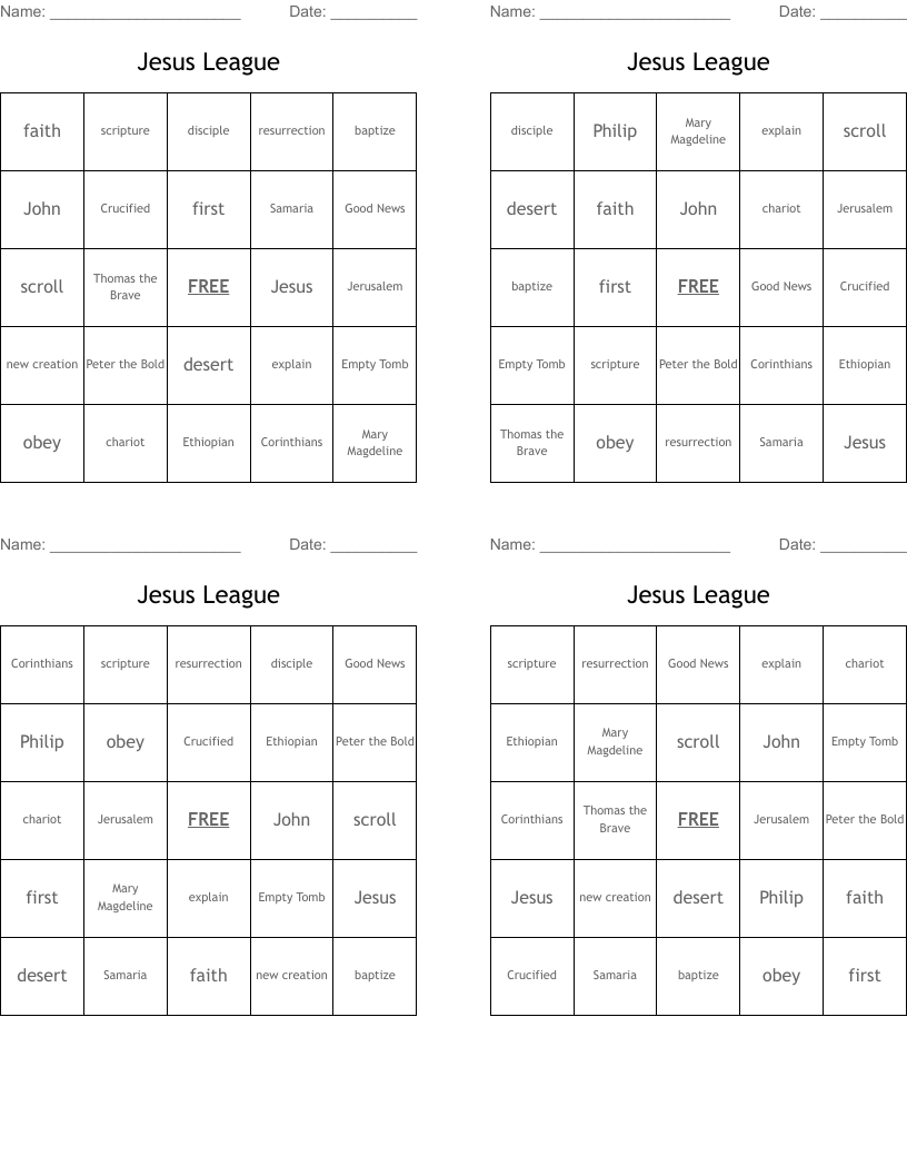 Jesus League Bingo Cards