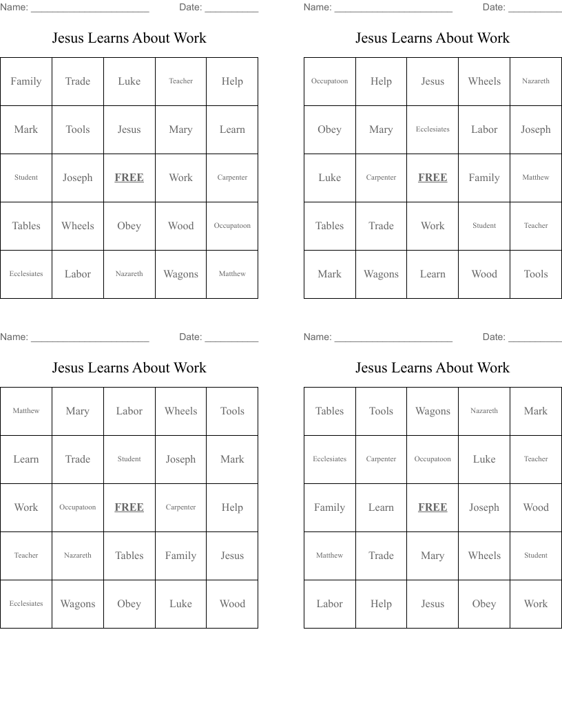 Jesus Learns About Work Bingo Cards