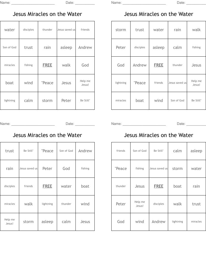 Jesus Miracles on the Water Bingo Cards