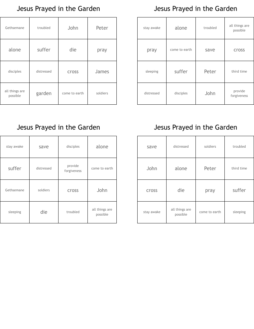 Jesus Prayed in the Garden Bingo Cards