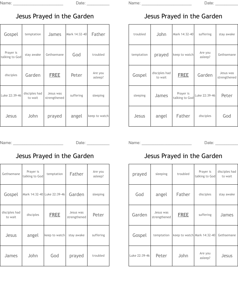 Jesus Prayed in the Garden Bingo Cards