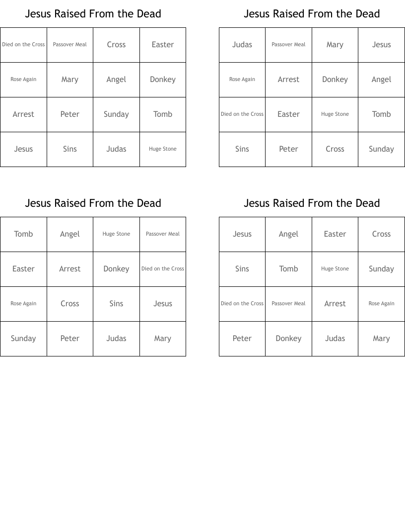 Jesus Raised From the Dead Bingo Cards
