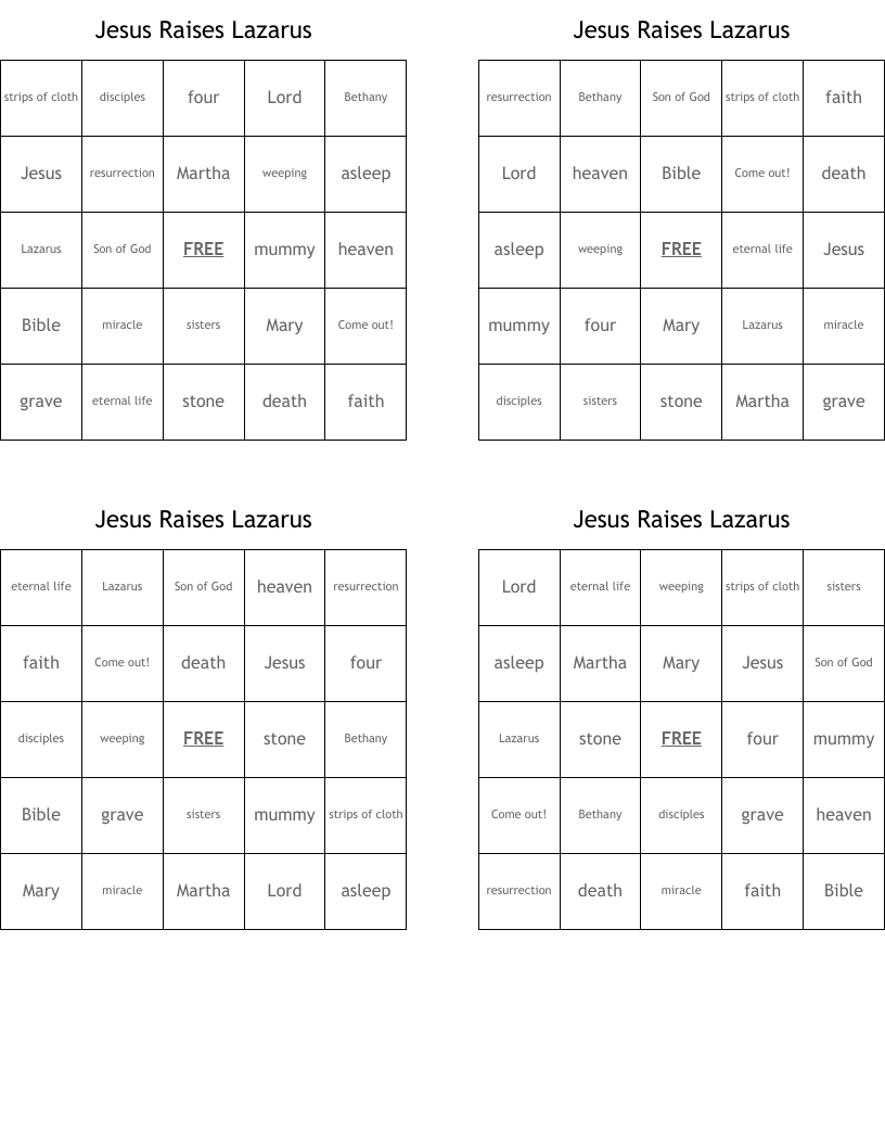 Jesus Raises Lazarus Bingo Cards