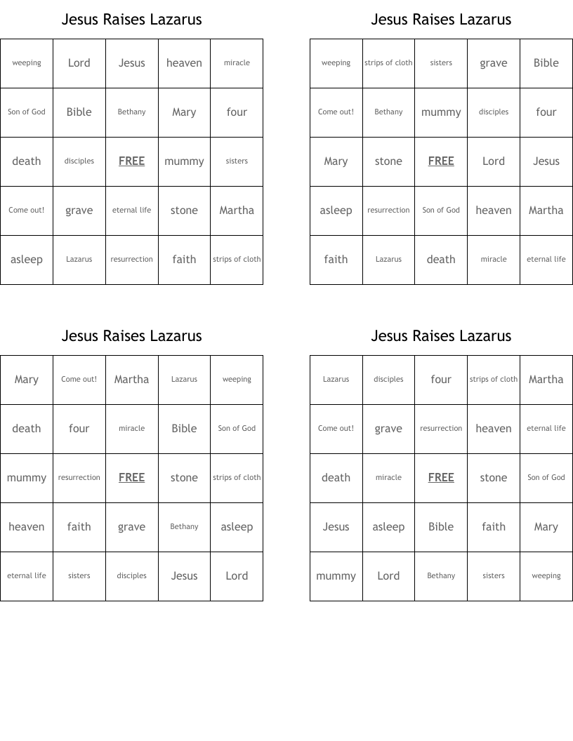 Jesus Raises Lazarus Bingo Cards