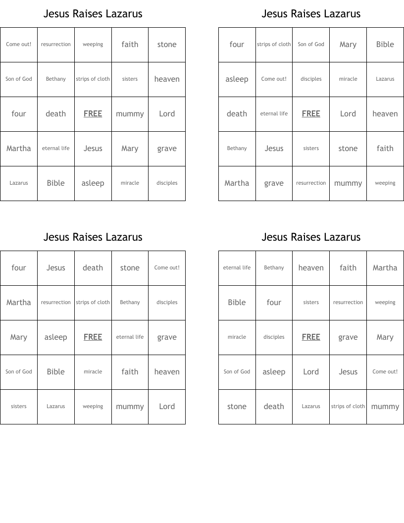Jesus Raises Lazarus Bingo Cards