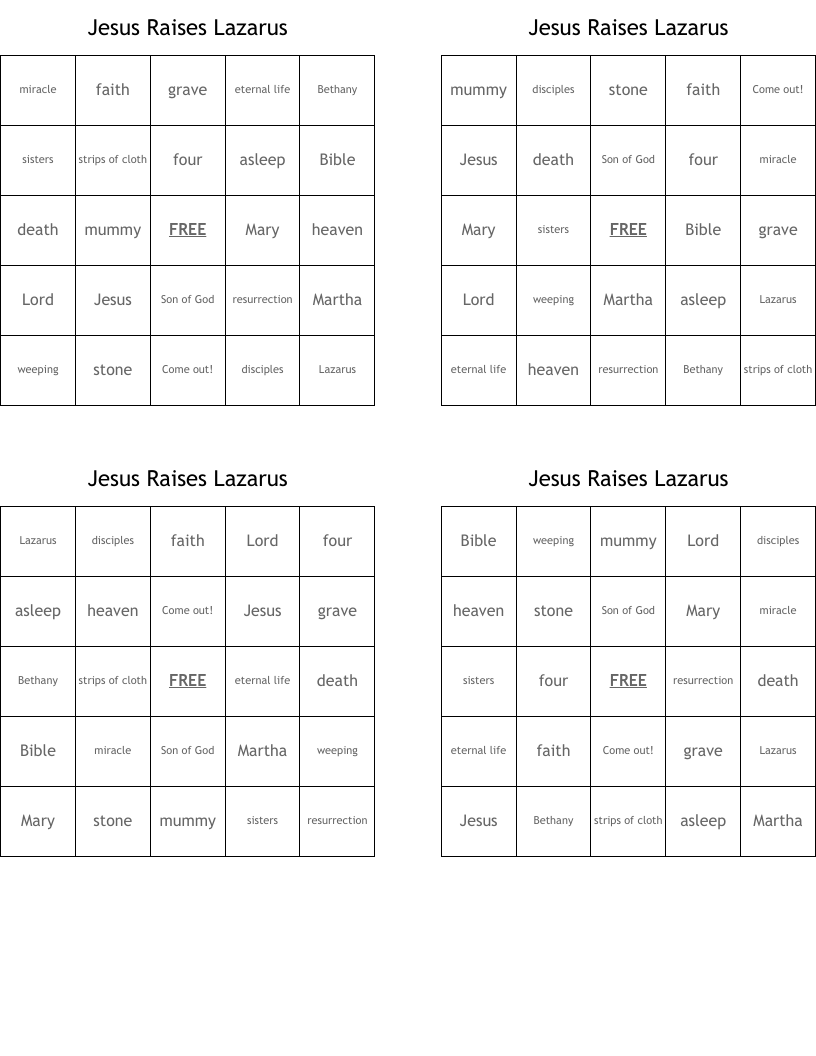 Jesus Raises Lazarus Bingo Cards