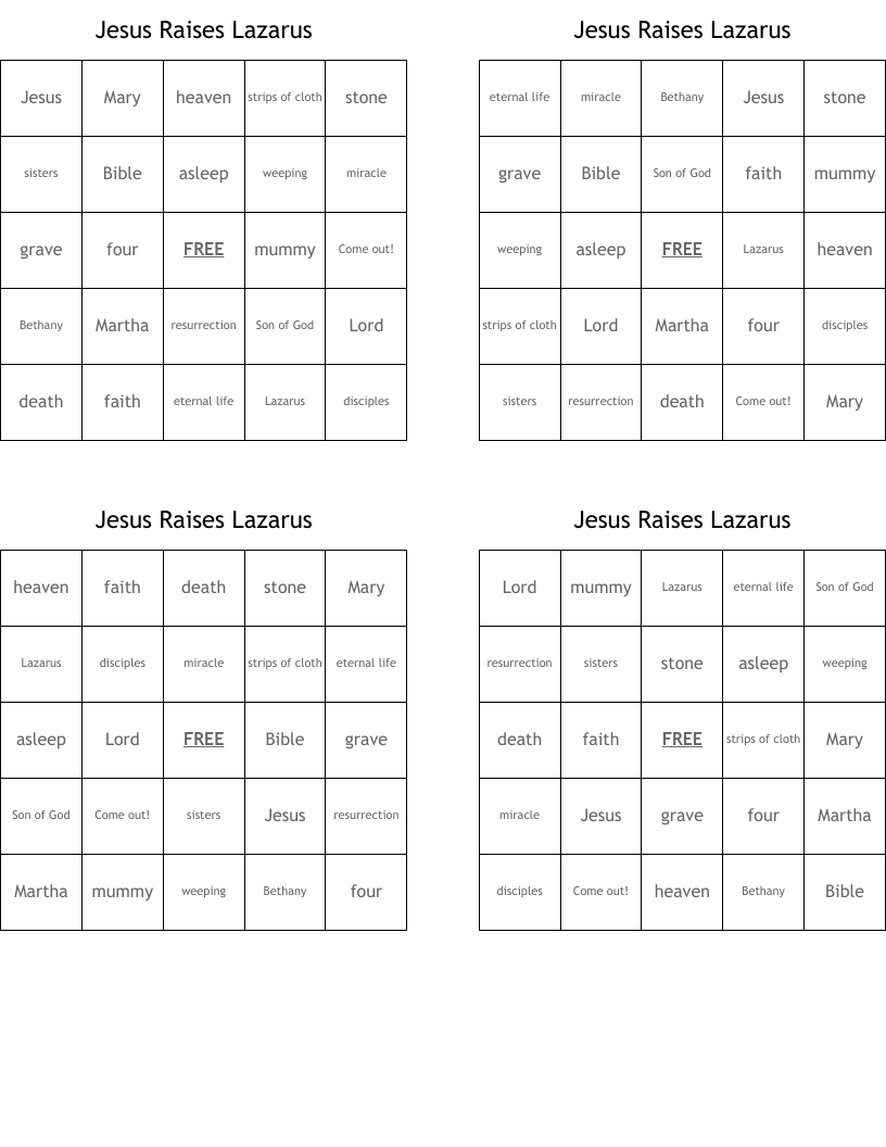Jesus Raises Lazarus Bingo Cards