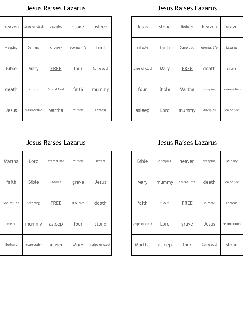 Jesus Raises Lazarus Bingo Cards
