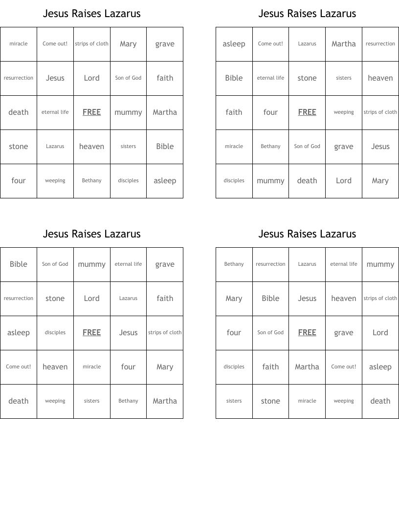 Jesus Raises Lazarus Bingo Cards