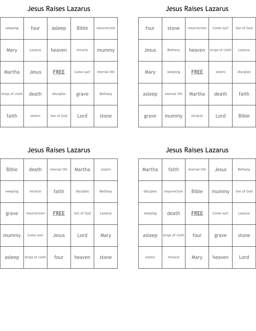Jesus Raises Lazarus Bingo Cards