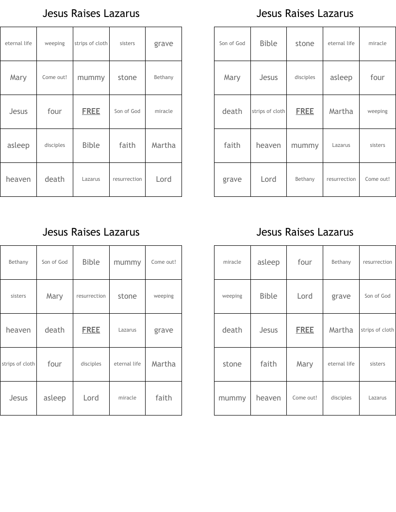 Jesus Raises Lazarus Bingo Cards