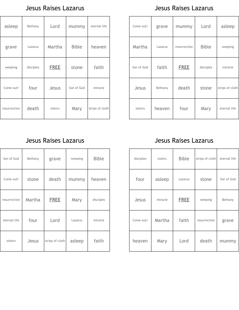 Jesus Raises Lazarus Bingo Cards