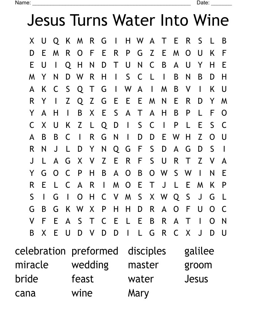 Jesus Turns Water Into Wine Word Search