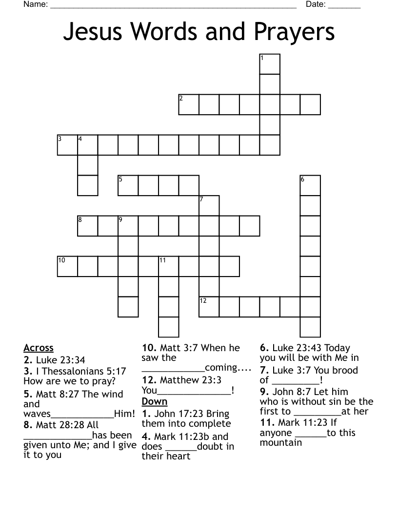 Jesus Words and Prayers Crossword