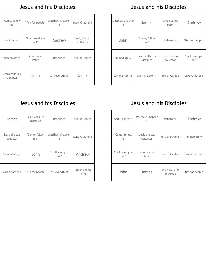 Jesus and his Disciples Bingo Cards