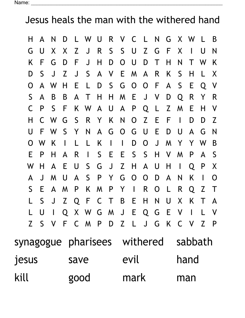 Jesus heals the man with the withered hand Word Search