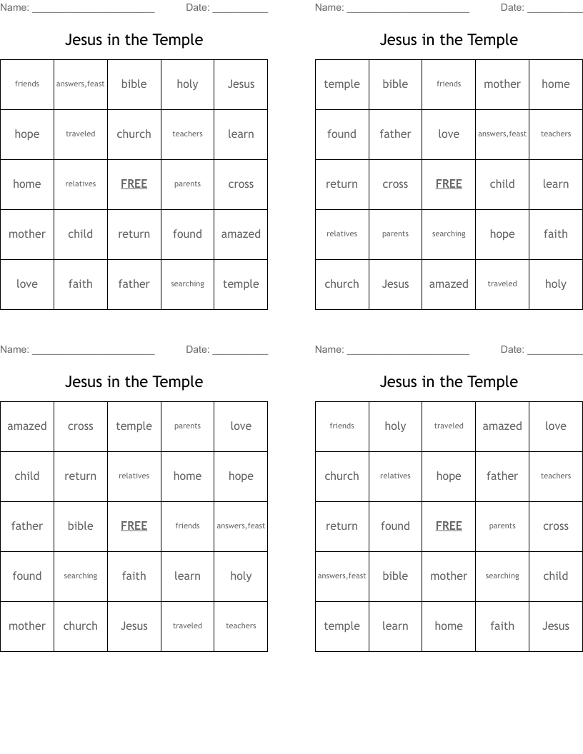 Jesus in the Temple Bingo Cards