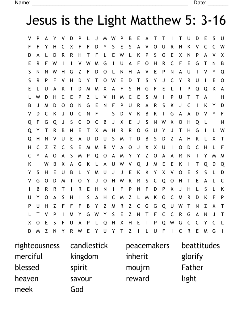 Jesus is the Light Matthew 5: 3-16 Word Search
