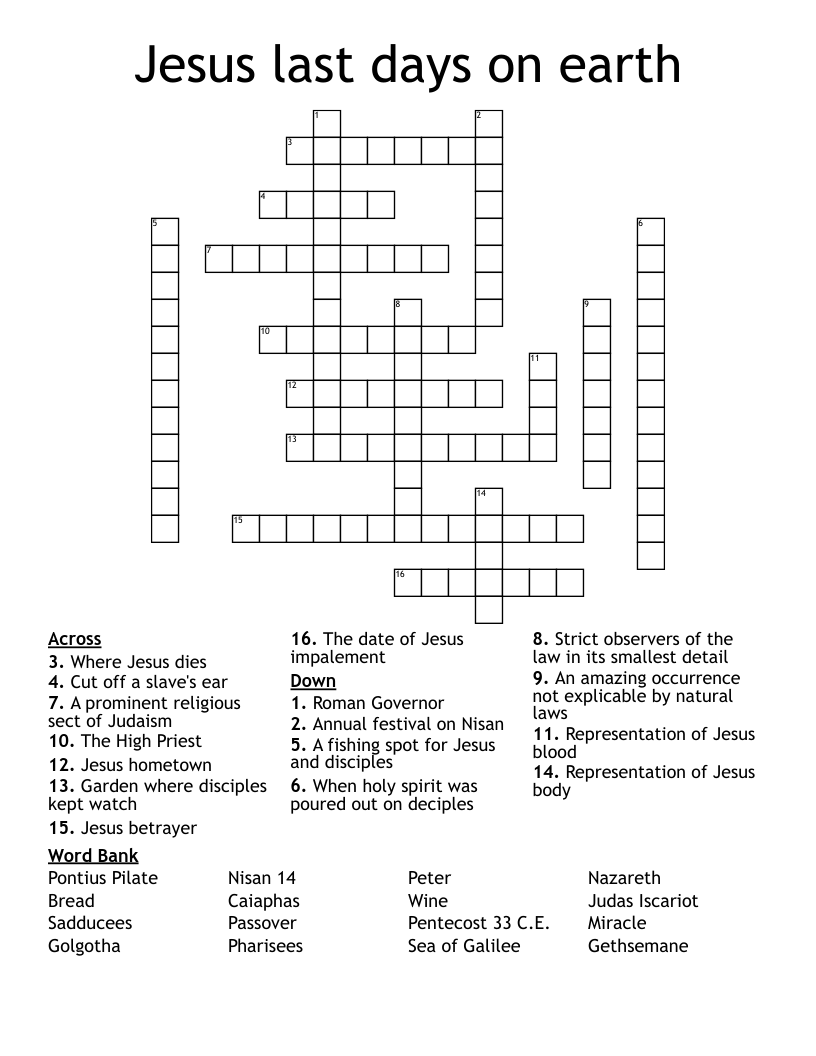 Jesus last days on earth Crossword