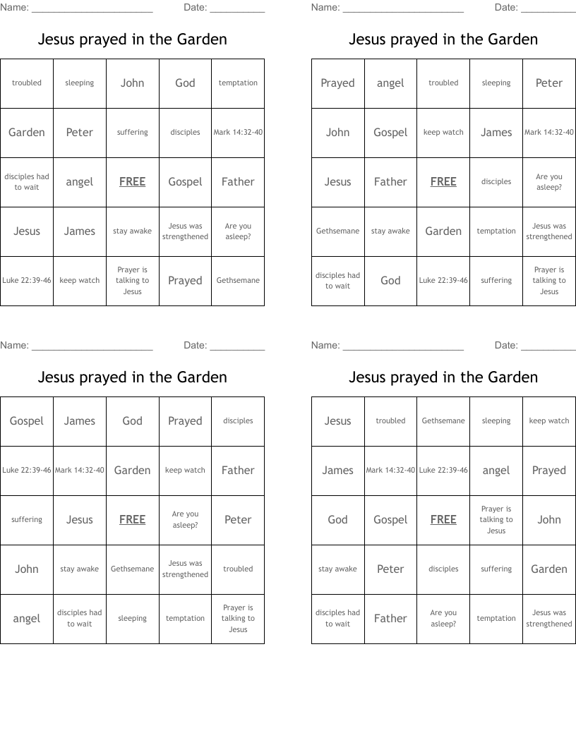 Jesus prayed in the Garden Bingo Cards