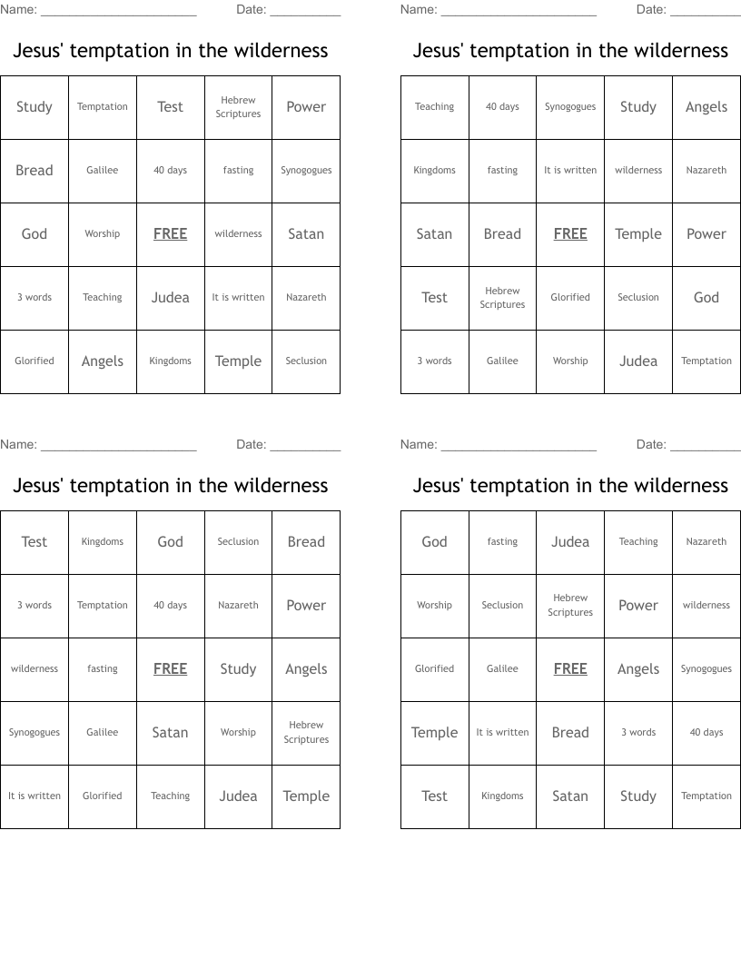 Jesus' temptation in the wilderness Bingo Cards