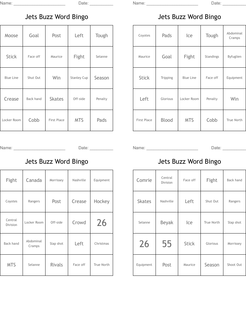 Jets Buzz Word Bingo